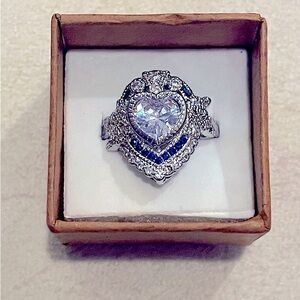 Victorian Wedding Ring Heart CZ Sapphire, Blue Topaz  & 935 Argentium Silver -7
